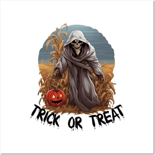 Grim Reaper In A Cornfield - Trick Or Treat (Black Lettering) Posters and Art